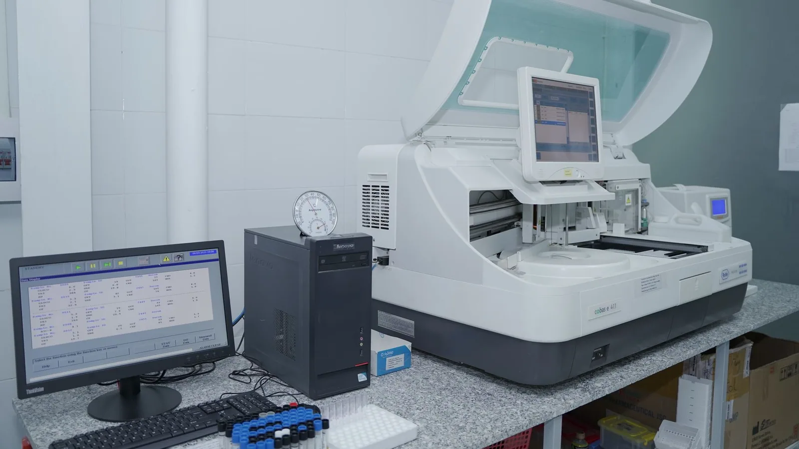 High-tech laboratory equipment with computer system in lab setting
