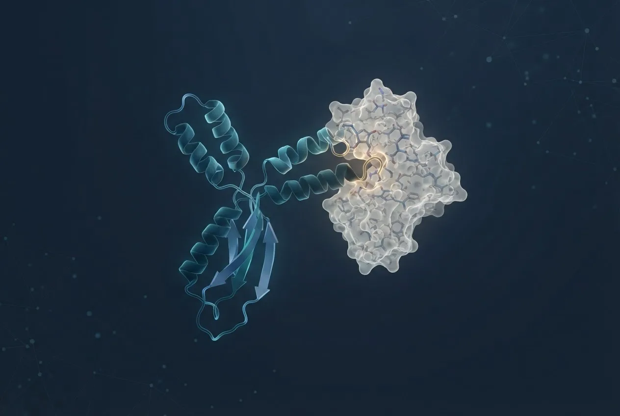Abstract computational biology visualization of protein structures related to molecular dynamics simulation of antibody-antigen binding