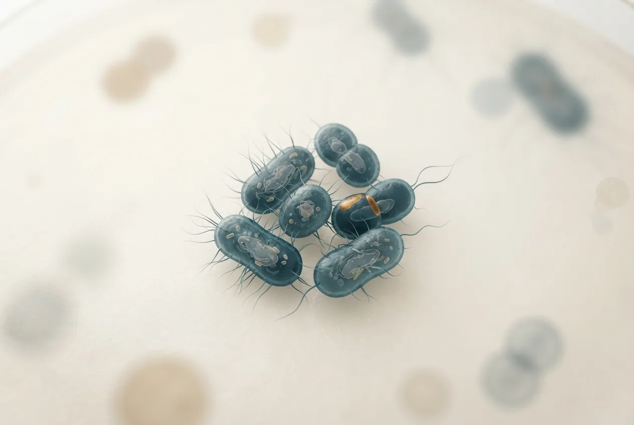 Microscopy-style illustration of moraxella bovis (pinkeye) bacteria showing cell morphology