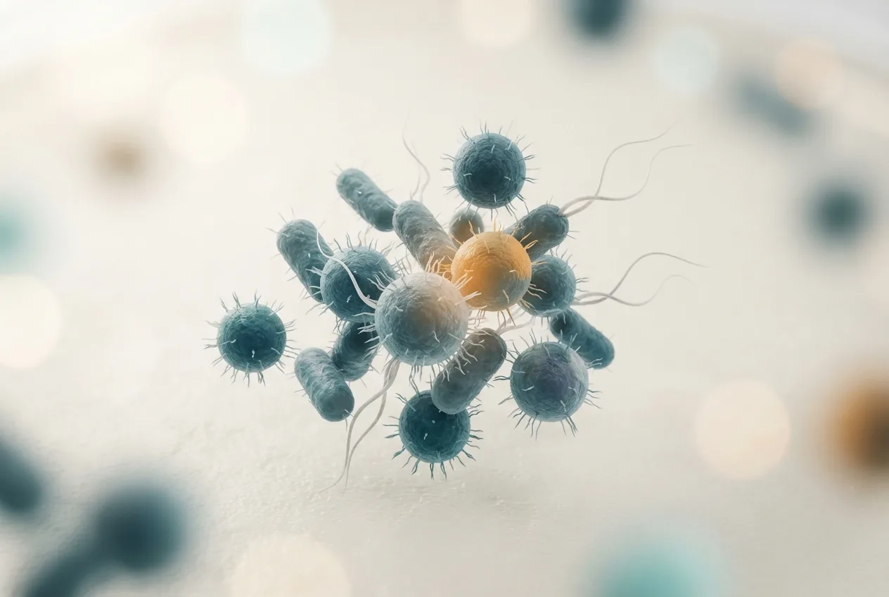 Microscopy-style illustration of mycoplasma bovis bacteria showing cell morphology