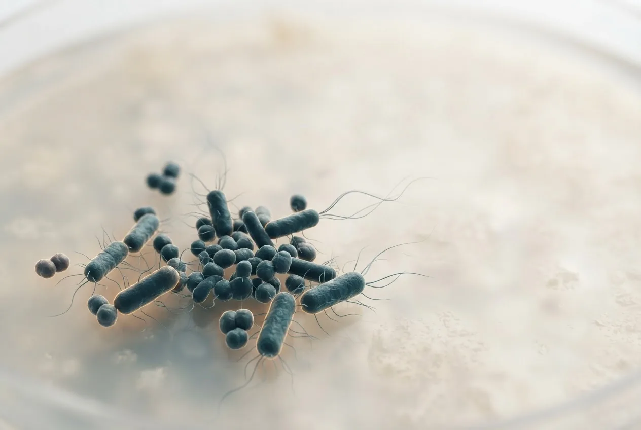 Microscopy-style illustration of mycoplasma gallisepticum bacteria showing cell morphology
