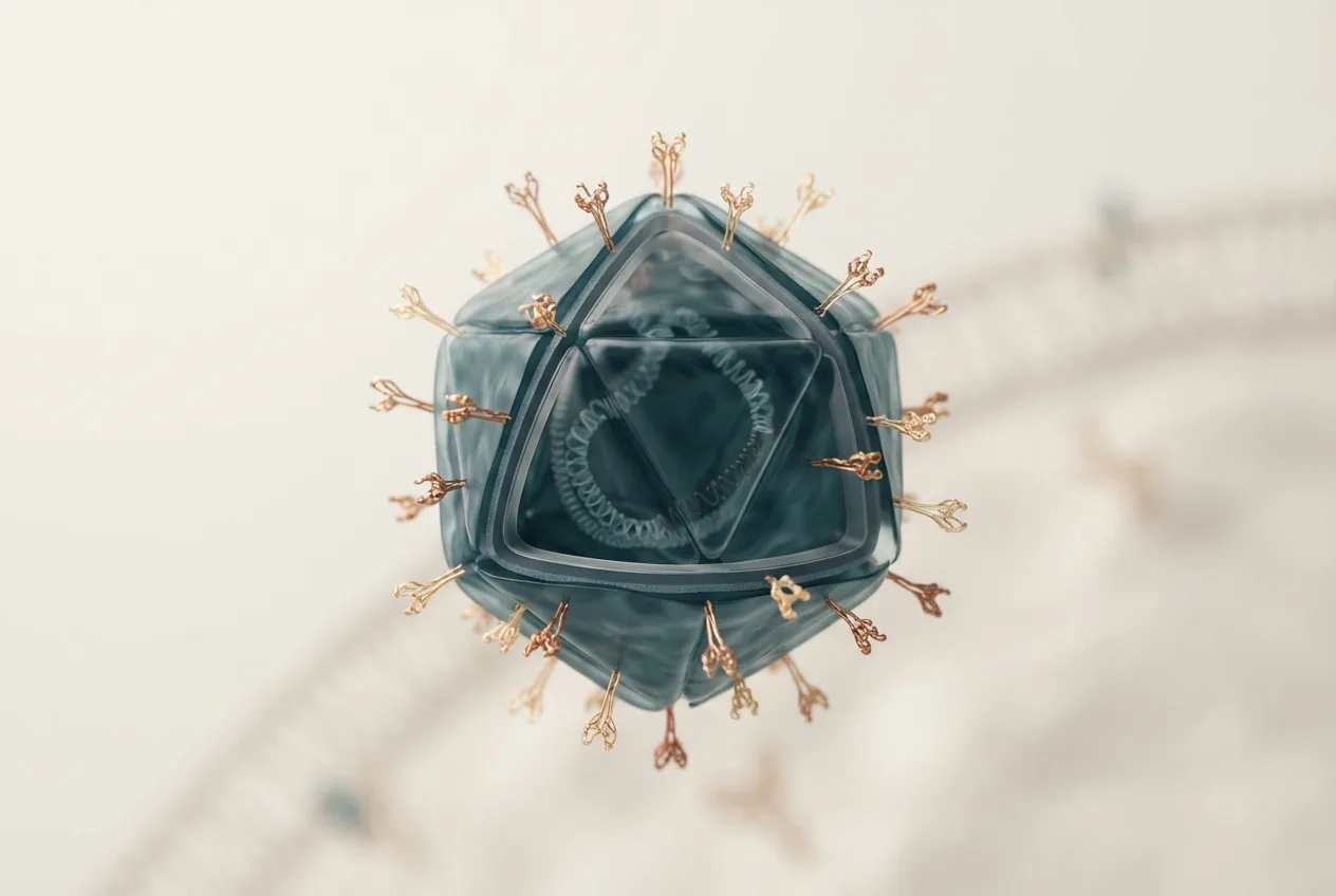 3D illustration of the ovine herpesvirus 2 (malignant catarrhal fever) particle showing capsid structure and surface proteins