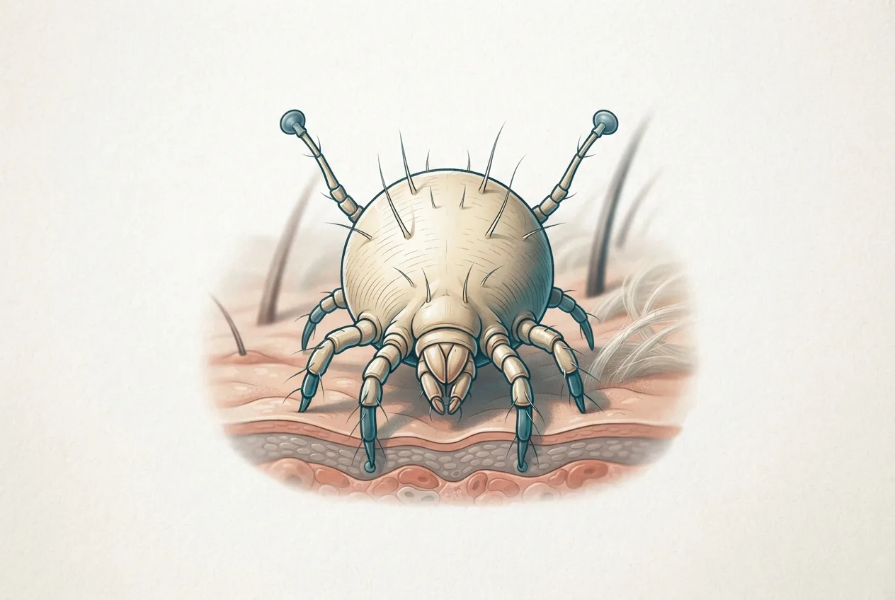 Scientific illustration of the psoroptes ovis (sheep scab) parasite life stage