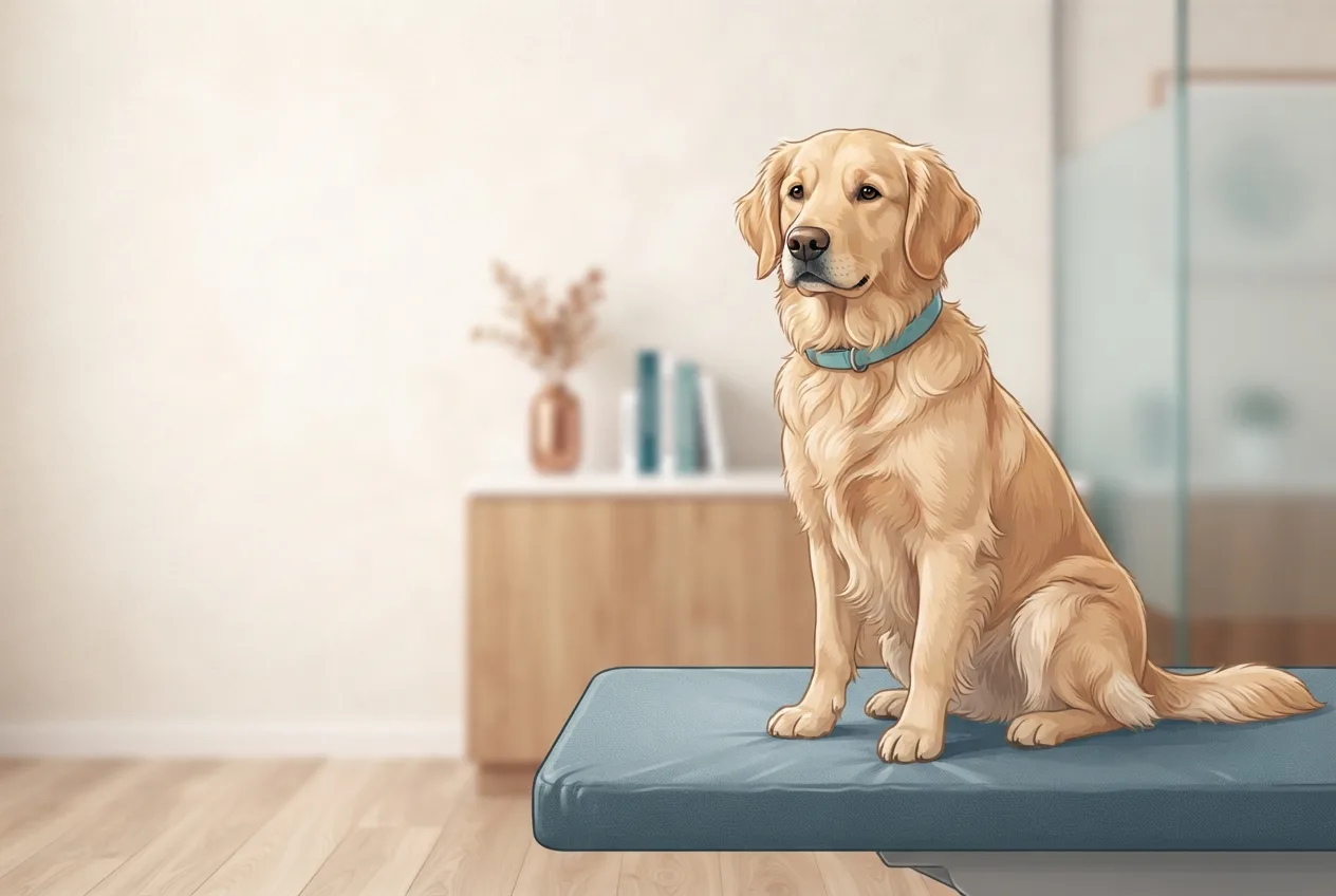 Illustration of a healthy, calm dog or cat representing the pet-health topic of pyometra symptoms in dogs