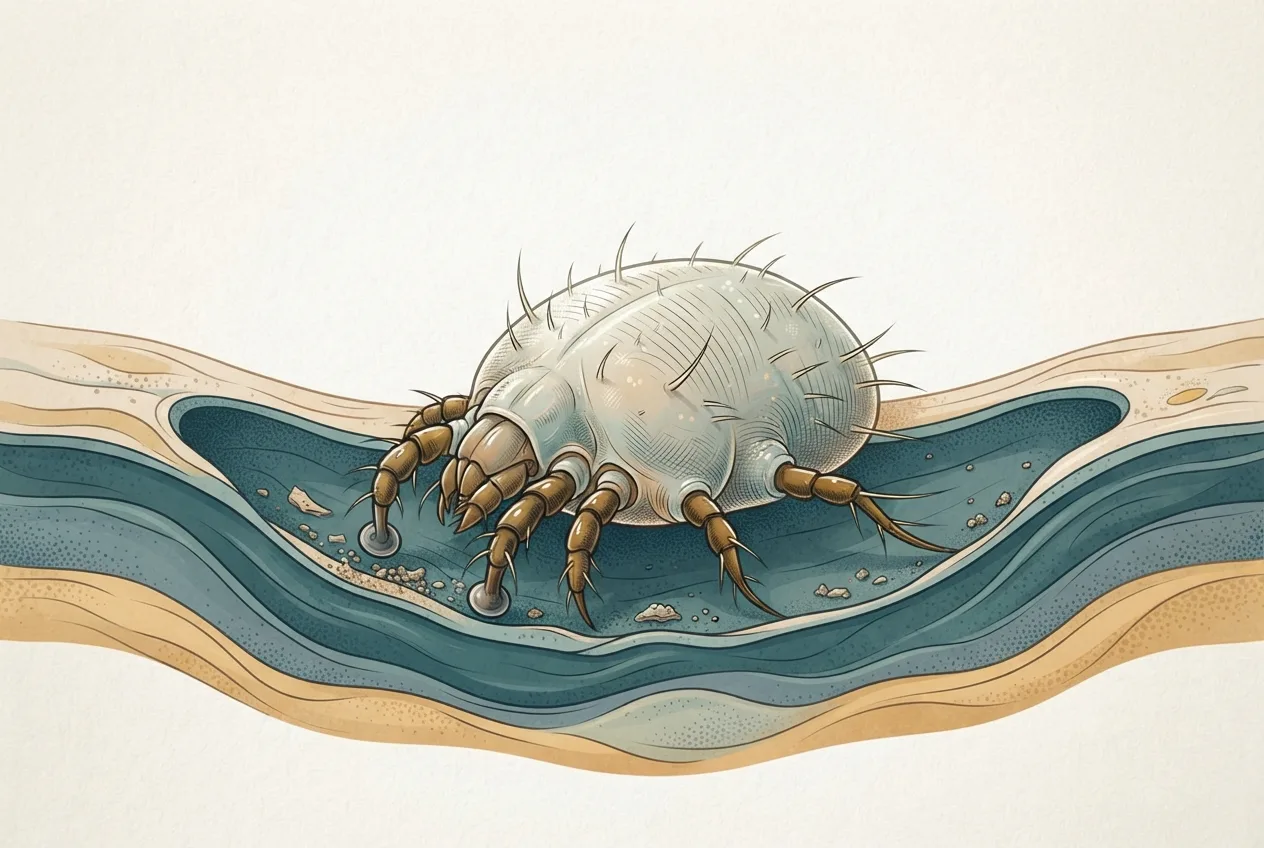 Scientific illustration of the sarcoptes scabiei var. suis parasite life stage
