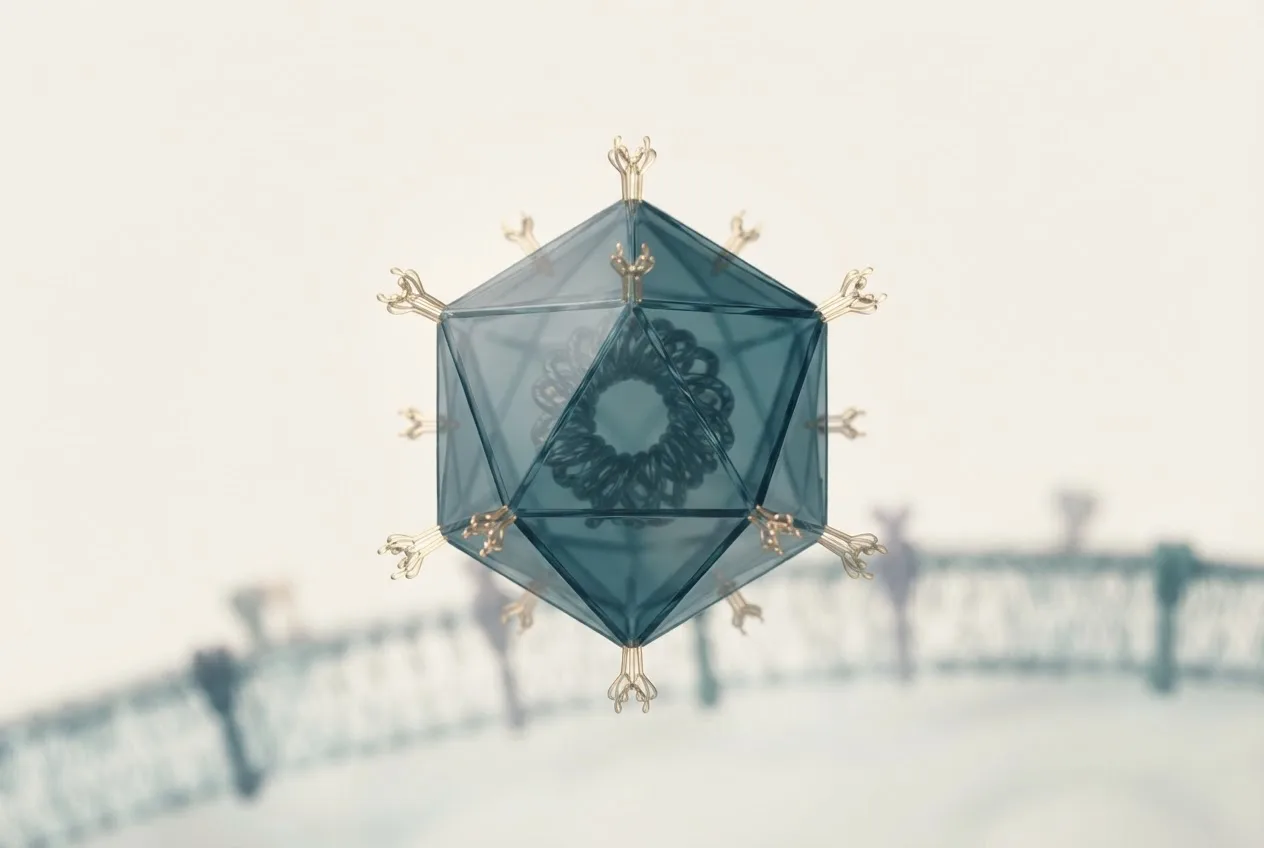3D illustration of the sea star associated densovirus particle showing capsid structure and surface proteins