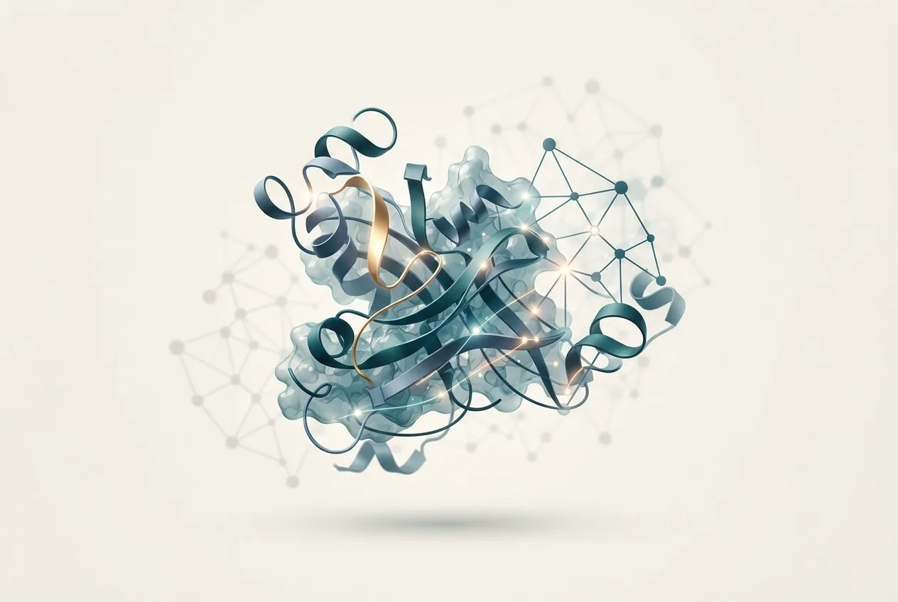 Abstract computational biology visualization of protein structures related to single-cell rna-seq clustering and cell-type annotation pipelines