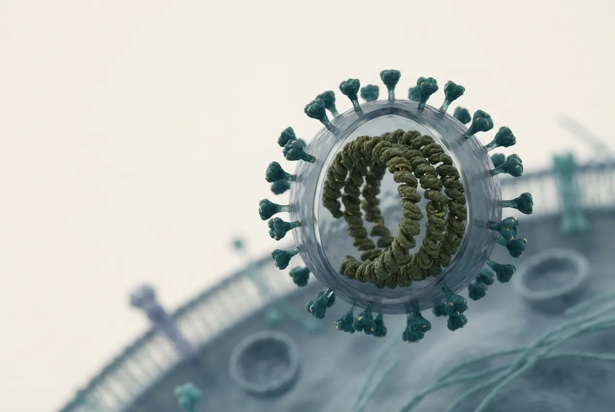 3D illustration of the snake arenavirus (reptarenavirus, ibd) particle showing capsid structure and surface proteins
