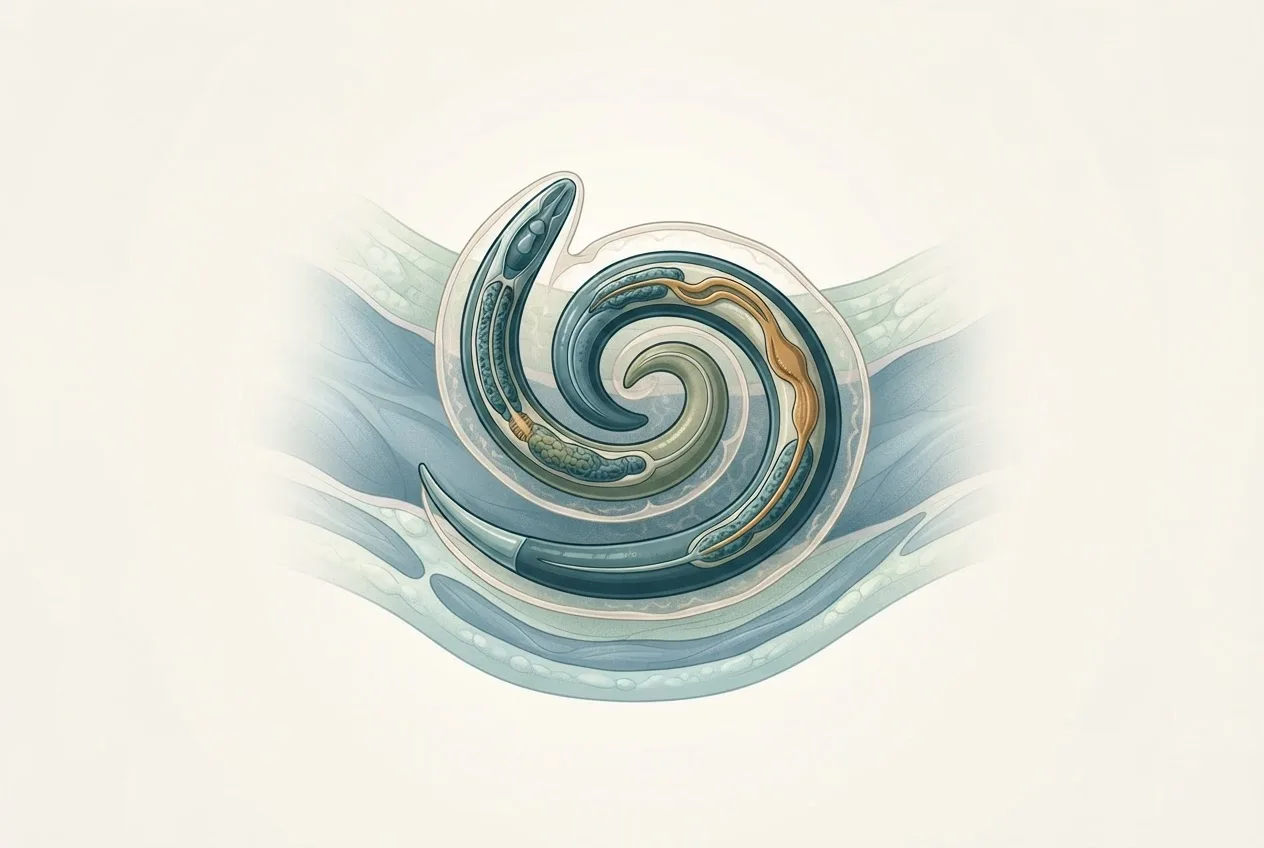 Scientific illustration of the spirocerca lupi parasite life stage