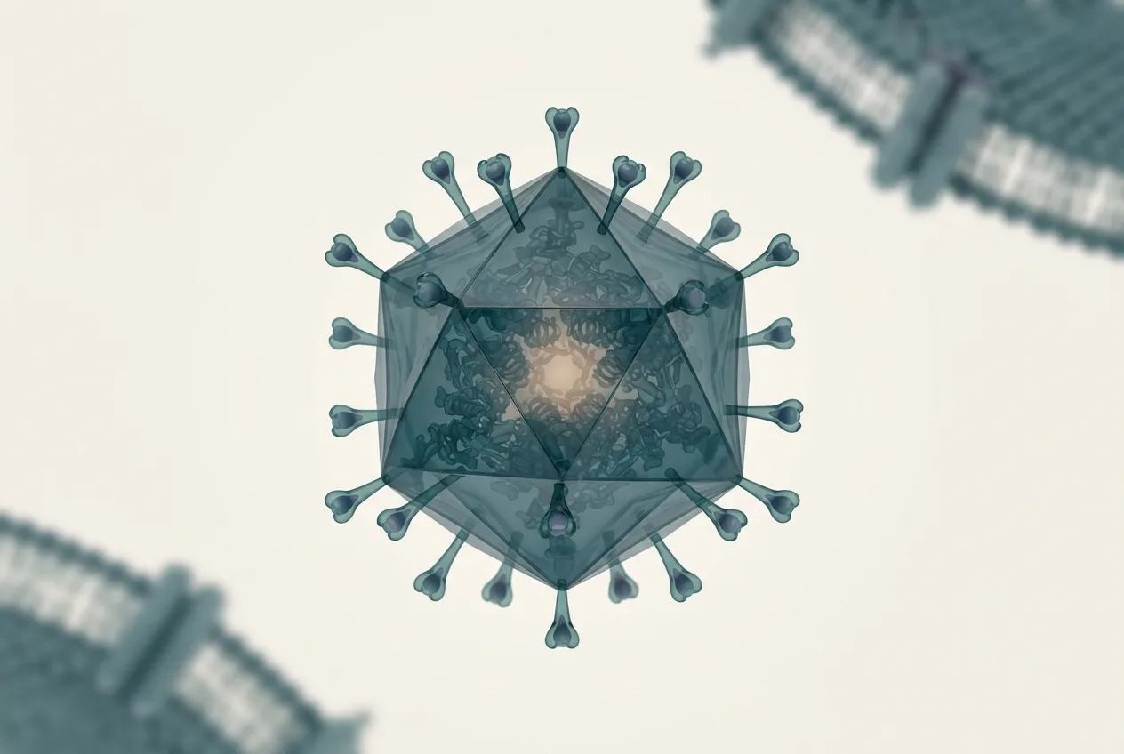 3D illustration of the tilapia parvovirus particle showing capsid structure and surface proteins