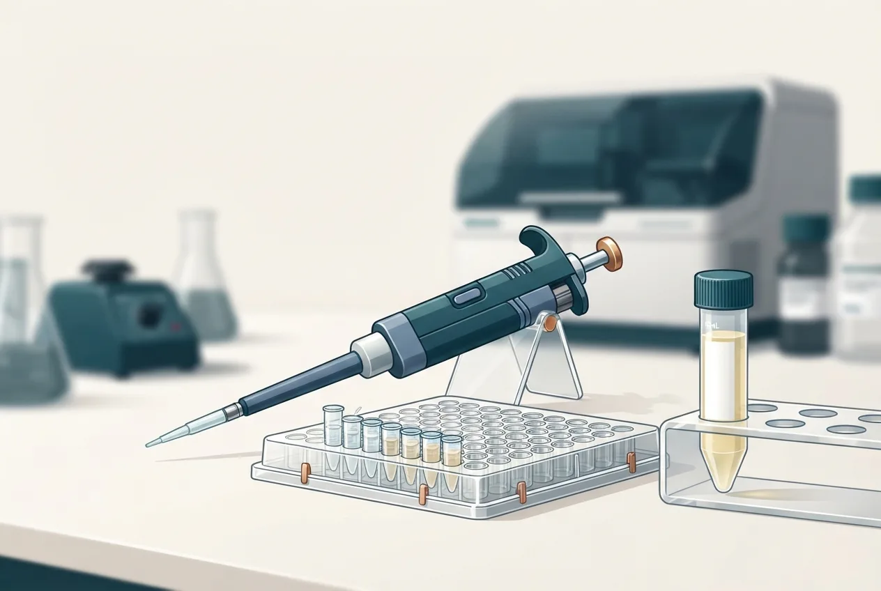 Laboratory illustration of diagnostic testing equipment for urine protein-to-creatinine ratio interpretation in renal disease
