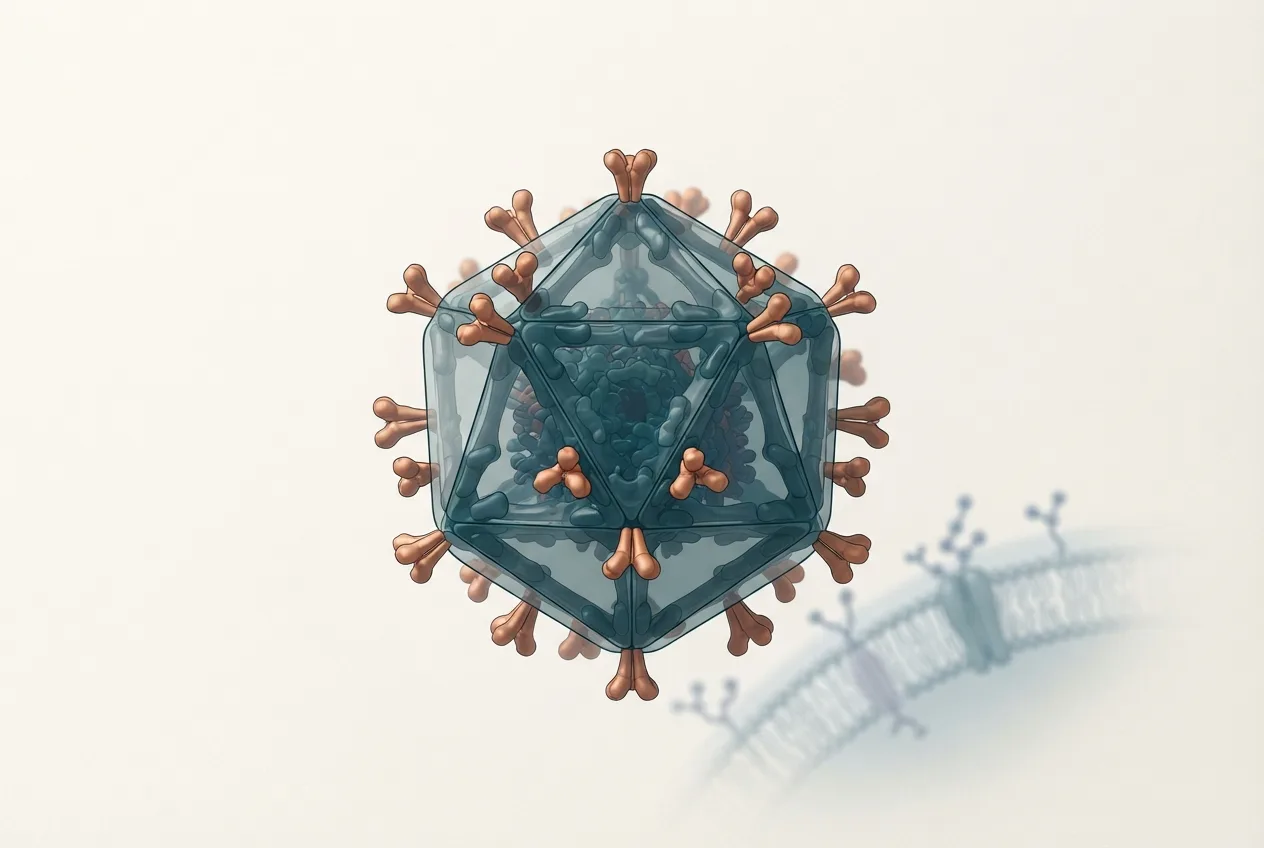 3D illustration of the viral nervous necrosis virus (betanodavirus) particle showing capsid structure and surface proteins